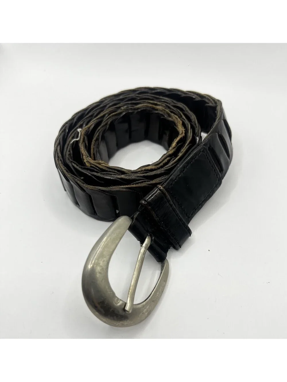 Vintage Black Leather Segmented Link Belt Silver Solid Brass Buckle Grunge Y2K